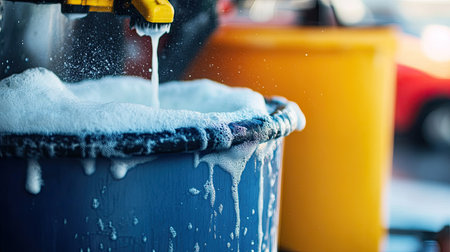 A close-up view of a blue bucket filled with soapy water at a car wash. Bubbles and foam overflow, showcasing cleaning supplies used for vehicle maintenance.の素材