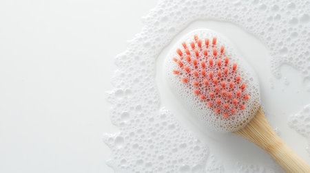 A clean brush surrounded by soap bubbles on a white background, symbolizing cleanliness and hygiene in personal care routines and everyday life.の素材