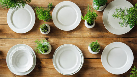 A beautiful arrangement featuring white plates and potted green plants on a rustic wooden table. This image captures a minimalist and fresh dining atmosphere.の素材