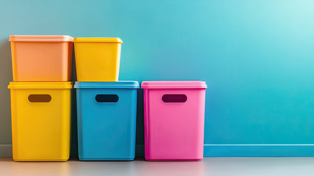 A vibrant display of colorful storage bins in various hues against a bright blue wall. Ideal for enhancing organization and adding a playful touch to any indoor space.の素材