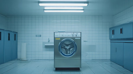 A sleek silver washing machine stands alone in a bright, minimalist laundry room with tiled walls, highlighting a modern and clean environment for domestic chores.の素材
