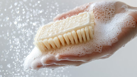 A hand holds a soapy cleaning brush, showcasing bubbles and foam in a bright, inviting setting. This image represents hygiene and personal care.の素材