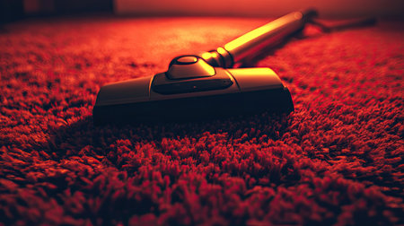 A close-up view of a vacuum cleaner resting on a plush red carpet, illuminated by warm evening light, creating a cozy and inviting atmosphere in a modern interior.の素材