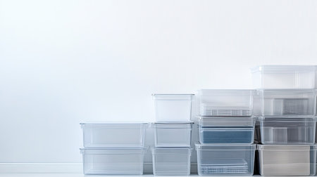 A collection of clear plastic storage containers stacked neatly against a white wall. Ideal for organizing spaces in homes or offices, promoting simplicity and efficiency.の素材