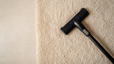 A sleek modern vacuum cleaner rests on a soft beige carpet, showcasing its efficient design. Ideal for home cleaning and enhancing indoor spaces.の素材