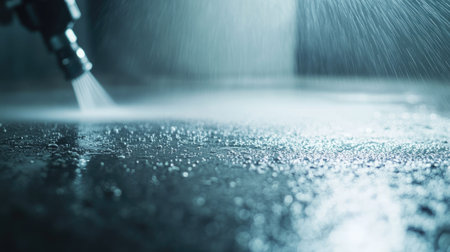 A close-up of a high-pressure water spray cleaning a surface, highlighting water droplets glistening on a wet floor. The image emphasizes hygiene and maintenance.の素材