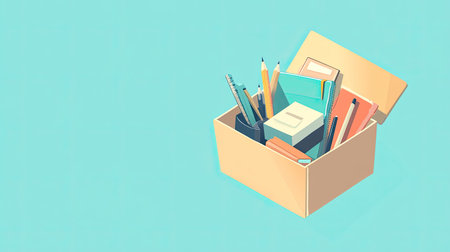 A vibrant assortment of stationery supplies arranged in a box on a light blue background, perfect for office, school, or creative workspace themes.の素材