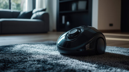 A sleek robotic vacuum cleaner stands on a plush carpet in a bright living room, highlighting modern technology and convenience in home cleaning routines.の素材