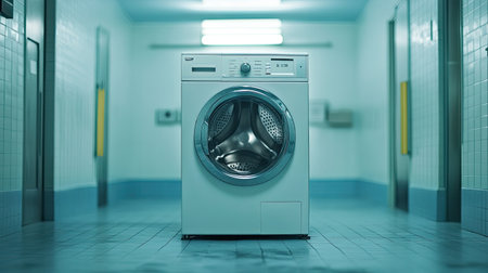 A modern washing machine stands prominently in a bright and pristine laundry room, showcasing sleek design and efficient technology for daily chores.の素材
