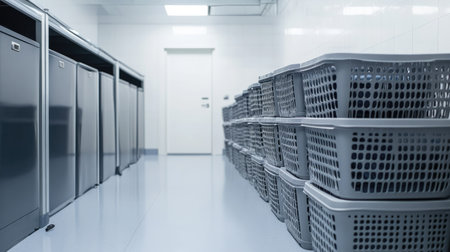 This image showcases a clean and organized laundry room featuring neatly stacked baskets and sleek metal cabinets, emphasizing modern design and functionality.の素材