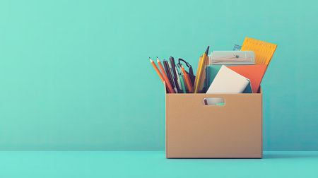 A cardboard box filled with various colorful office supplies sits against a turquoise background, perfect for conveying organization and creativity in a workspace.の素材