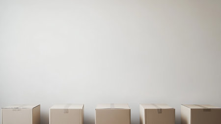 A clean and minimalist image featuring several cardboard boxes arranged neatly against a plain wall, perfect for use in a variety of design projects.の素材