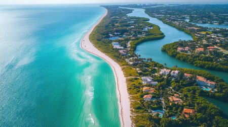 Breathtaking aerial view showcasing a tranquil beach lined with soft white sand, vibrant turquoise water, and luxurious homes nestled among lush greenery under a clear blue sky.の素材