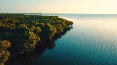 Experience the serene beauty of a lush mangrove forest at dusk, where vibrant foliage meets tranquil ocean waters, inviting nature lovers to explore this peaceful habitat.の素材
