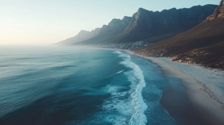 Discover a tranquil coastal scene showcasing gentle waves lapping against a serene beach, framed by majestic mountains under a soft sunrise glow.の素材