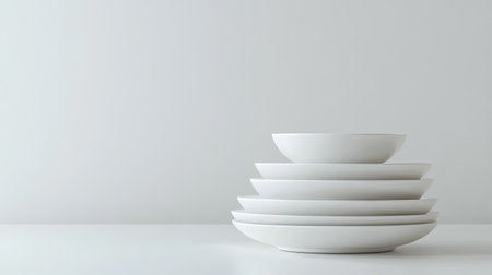 A minimalist stack of white plates creates an elegant dining scene, emphasizing simplicity and modern design. Ideal for kitchen or tableware concepts.の素材