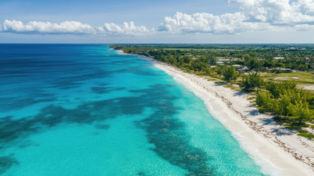 Capture the beauty of a remote beach with turquoise waters and fine sand, framed by lush greenery and a peaceful sky, perfect for dreamy vacations and escapes.の素材