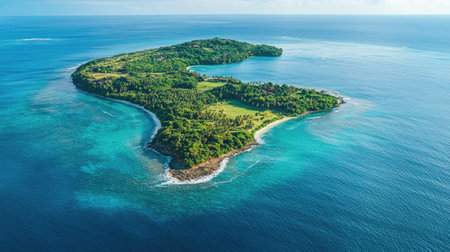 Remote island covered in tropical vegetation surrounded by sparkling blue ocean, copy spaceの素材