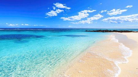 Remote coral beach at Ningaloo Reef with vivid blue ocean and clear skies, copy spaceの素材