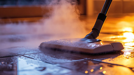 A close-up view of a steam cleaner in action on a wooden floor, showing steam and water combination for effective dirt removal. Ideal for home cleaning themes.の素材