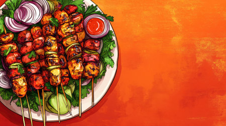 Savory skewers featuring grilled chicken and vegetables create an eye-catching meal against a vibrant orange backdrop, ideal for food lovers and culinary enthusiasts.の素材