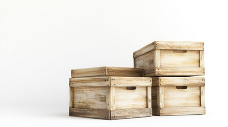 Three wooden storage boxes are stacked neatly against a white background, showcasing a rustic charm and simple elegance suitable for various uses and spaces.の素材