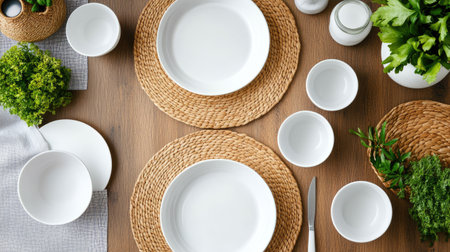 A beautifully arranged table setting featuring white dishware, woven placemats, and fresh greenery, creating an inviting and elegant dining experience.の素材