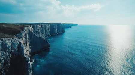Stunning sea cliffs rising dramatically above deep blue ocean, copy spaceの素材