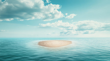 Remote island with a sandbar emerging during low tide, bordered by turquoise waters, copy spaceの素材