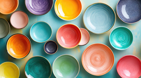 A captivating arrangement of colorful ceramic bowls displayed on a vibrant background, perfect for showcasing artistic design and modern kitchen decor.の素材