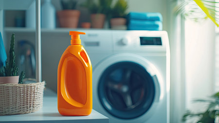 A vibrant orange detergent bottle sits prominently on a clean white surface beside a modern washing machine, illuminating a tidy laundry space filled with warmth and organization.の素材