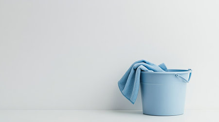 A light blue bucket rests elegantly against a minimalist background with a folded towel, illustrating cleanliness and simplicity in home maintenance.の素材