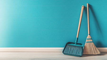 This image features a broom and dustpan leaning against a bright teal wall, ideal for home improvement and cleaning projects, showcasing minimalist design and practical use.の素材
