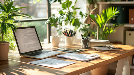 A bright modern workspace featuring a laptop, fresh greenery, and organized stationery. Ideal for freelance projects or home office inspiration, creating a calming and productive environment.の素材