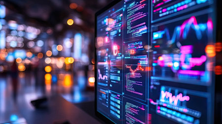 A vibrant display of data visualization on a computer screen, showcasing advanced analytics and statistics in a modern workspace filled with colorful lights.の素材