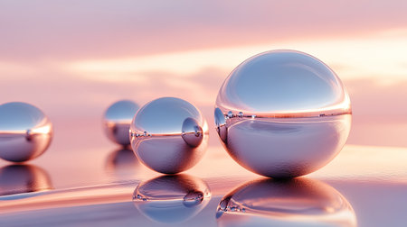 A serene composition featuring reflective spheres on a calm surface during sunset. The pastel skies create a tranquil atmosphere, enhancing the beauty of this minimalist design.の素材
