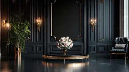 A beautifully arranged bouquet of roses sits on a circular table in an opulent dark room. The luxurious decor features elegant lighting, stylish furniture, and rich textures, creating a serene atmosphere.の素材