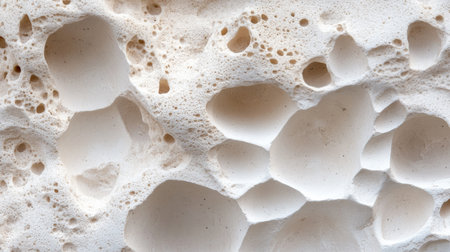 Close-up view of an abstract natural stone featuring unique bubbles and cavities. The smooth texture and irregular formations create an intriguing visual aesthetic.の素材