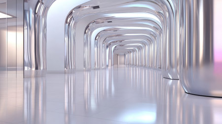 Explore a modern interior featuring metallic arches and reflective surfaces, creating a bright and sleek ambiance perfect for contemporary design themes.の素材