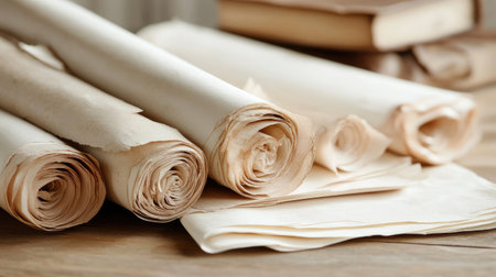 A collection of vintage paper rolls and sheets arranged on a wooden desk, perfect for artistic projects, stationery, or creative inspiration in various settings.の素材