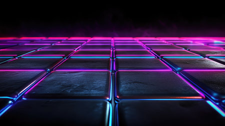 A mesmerizing view of neon glowing tiles reflecting in a dark environment, ideal for gaming backgrounds or futuristic designs. Perfect for creative projects.の素材