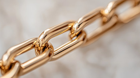 This image captures a close-up view of a glossy gold chain, showcasing its luxurious shine against a soft neutral background. Perfect for jewelry and fashion themes.の素材