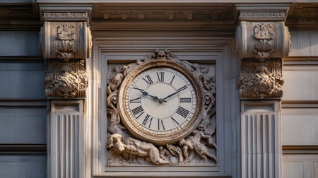 A striking ornate clock mounted on a historic building facade, showcasing intricate sculptures and classical design elements, reflecting timeless architectural beauty.の素材