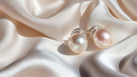 A pair of exquisite pearl earrings rests elegantly on a soft satin fabric, showcasing their timeless beauty and luxurious appeal. Ideal for fashion lovers.の素材