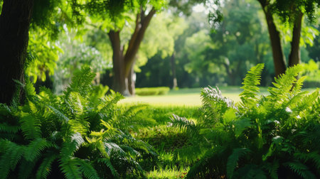 A peaceful landscape showcasing vibrant green ferns and tall trees under gentle sunlight. This serene outdoor setting evokes a sense of calm and connection with nature.の素材