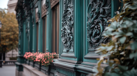 Captivating details of ornate architectural elements on a historic building exterior. Vivid textures and charming floral accents enhance the urban aesthetic.の素材
