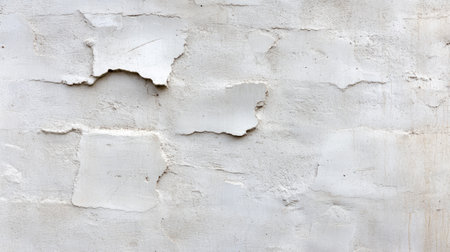 Close-up of a textured white wall displaying peeling paint and a rough surface. Ideal for backgrounds, design projects, and artistic expressions.の素材