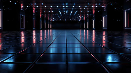 A striking futuristic room featuring dark aesthetics and vibrant neon lights, creating a mesmerizing reflective floor and captivating ambiance. Perfect for visual concepts.の素材