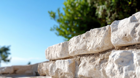 This image features a close-up of a light stone wall against a clear blue sky, showcasing detailed textures and natural beauty perfect for architectural themes.の素材