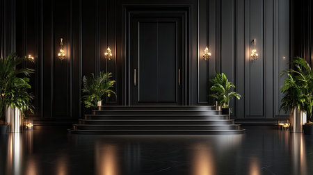 A stylish black interior featuring a set of stairs, lush green plants, and elegant lighting. This beautifully designed space exudes luxury and sophistication.の素材